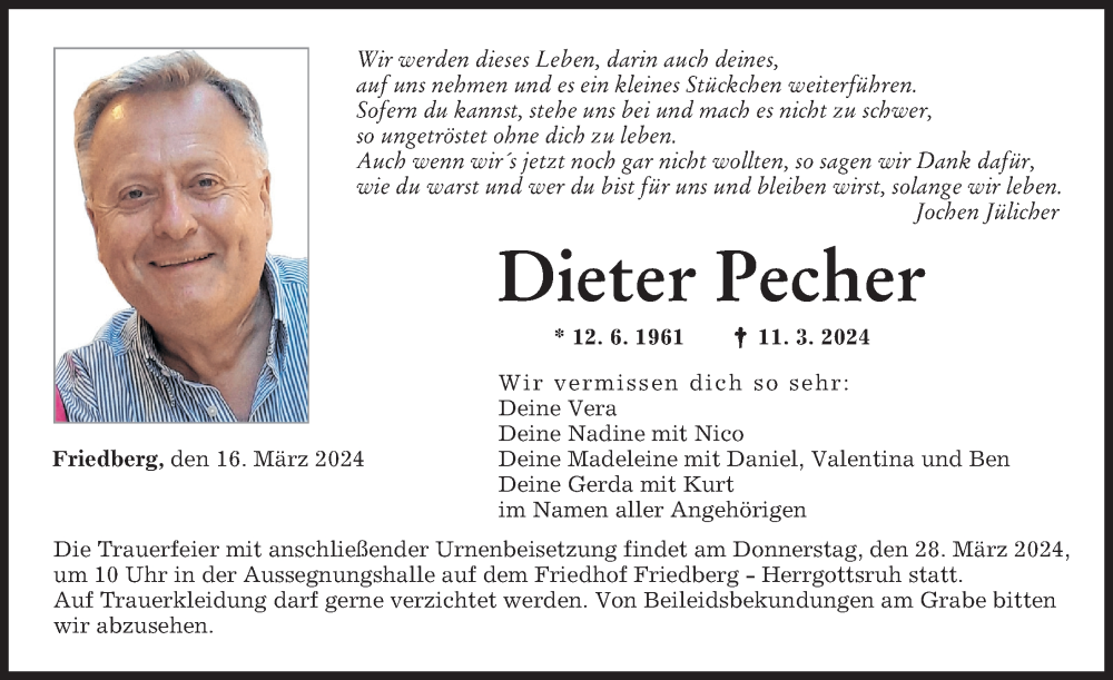  Traueranzeige für Dieter Pecher vom 16.03.2024 aus Augsburger Allgemeine