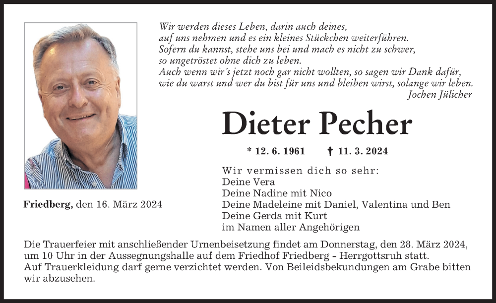  Traueranzeige für Dieter Pecher vom 16.03.2024 aus Friedberger Allgemeine