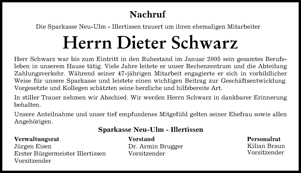 Traueranzeige von Dieter Schwarz von Neu-Ulmer Zeitung