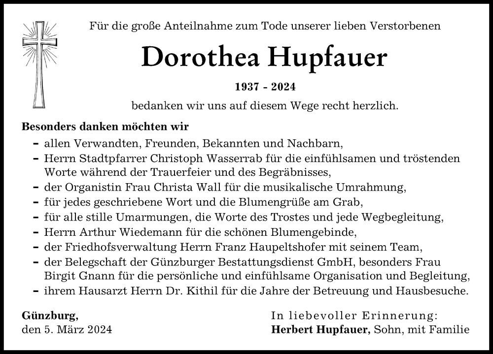 Traueranzeige von Dorothea Hupfauer von Günzburger Zeitung