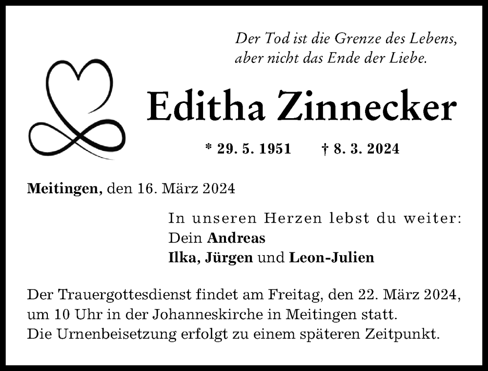 Traueranzeige von Editha Zinnecker von Augsburg-Land