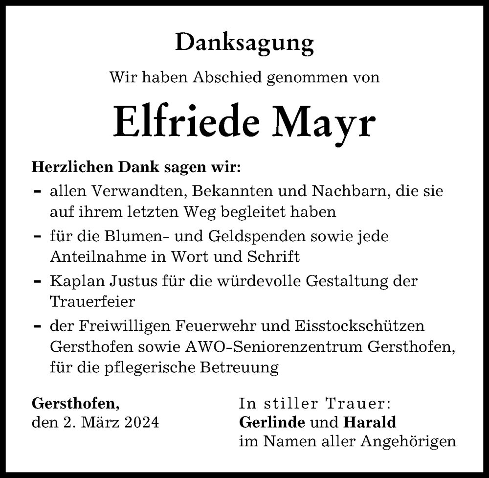 Traueranzeige von Elfriede Mayr von Augsburger Allgemeine