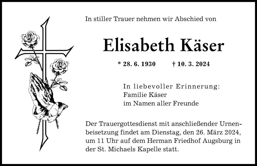 Traueranzeige von Elisabeth Käser von Augsburger Allgemeine