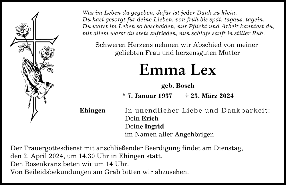 Traueranzeige von Emma Lex von Wertinger Zeitung, Augsburg-Land