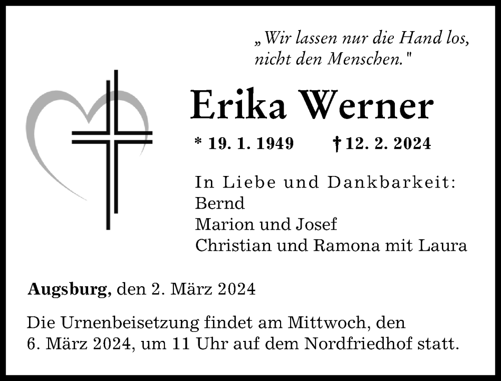 Traueranzeige von Erika Werner von Augsburger Allgemeine