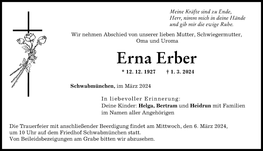 Traueranzeige von Erna Erber von Schwabmünchner Allgemeine