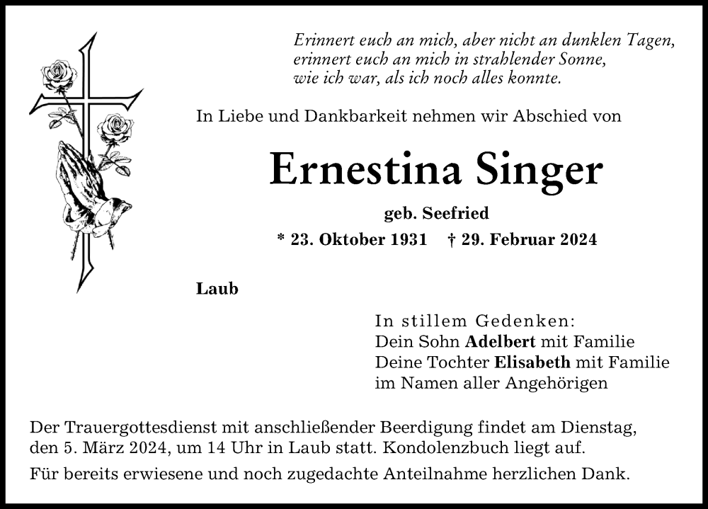 Traueranzeige von Ernestina Singer von Rieser Nachrichten