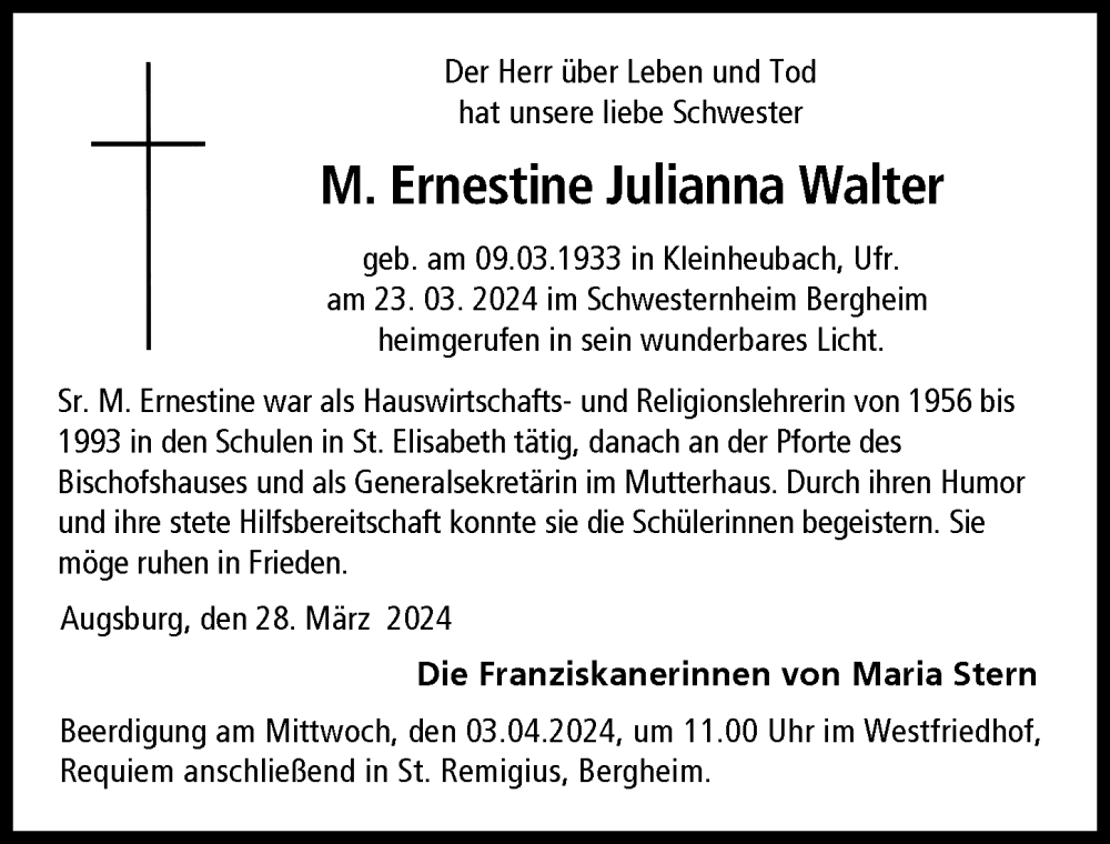Traueranzeige von Ernestine Walter von Augsburger Allgemeine