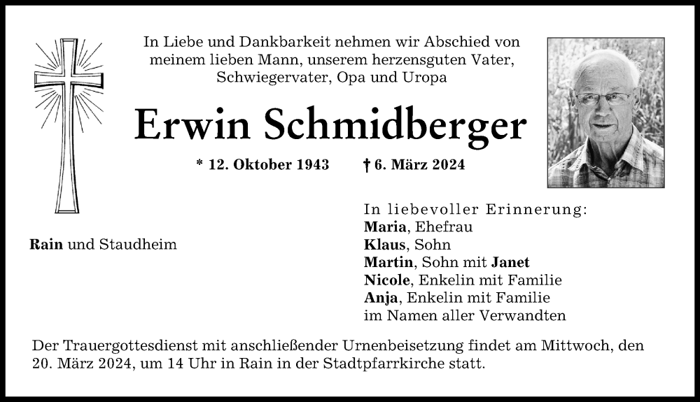 Traueranzeige von Erwin Schmidberger von Donauwörther Zeitung