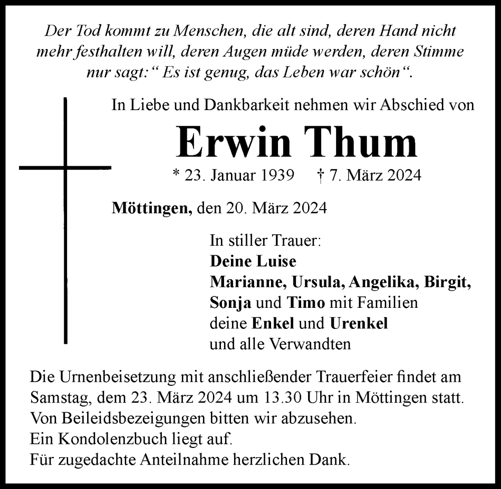 Traueranzeige von Erwin Thum von Rieser Nachrichten