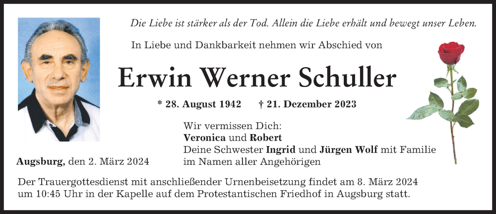 Traueranzeige von Erwin Werner Schuller von Augsburger Allgemeine