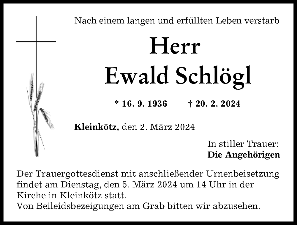 Traueranzeige von Ewald Schlögl von Günzburger Zeitung