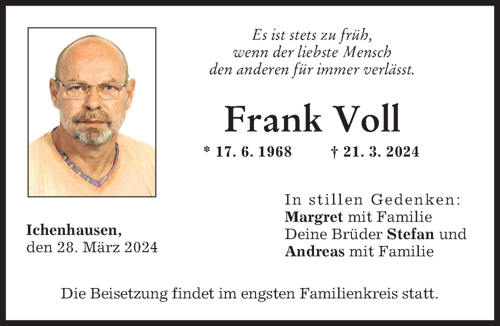 Traueranzeige von Frank Voll von Günzburger Zeitung