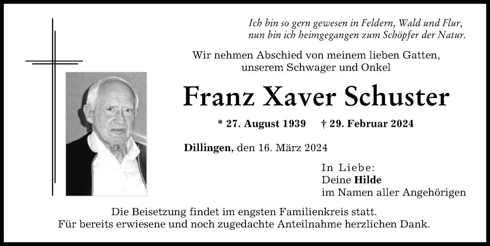 Traueranzeige von Franz Xaver Schuster von Donau Zeitung