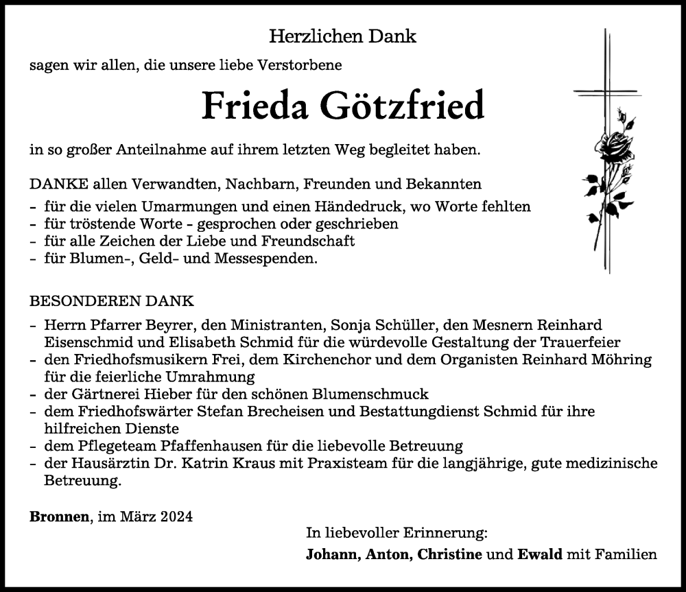 Traueranzeige von Frieda Götzfried von Mindelheimer Zeitung