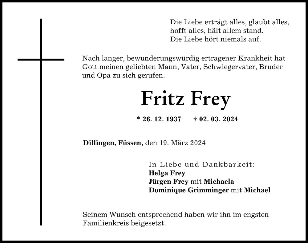 Traueranzeige von Fritz Frey von Donau Zeitung