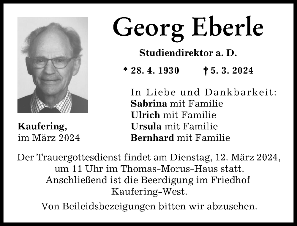 Traueranzeigen von Georg Eberle | Augsburger Allgemeine Zeitung