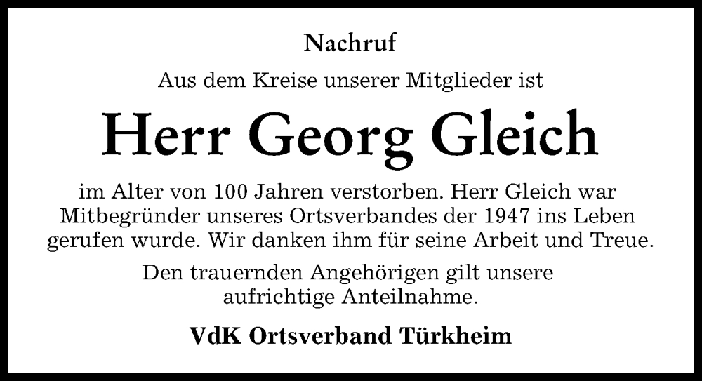 Traueranzeige von Georg Gleich von Mindelheimer Zeitung