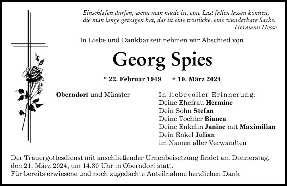 Traueranzeige von Georg Spies von Donauwörther Zeitung