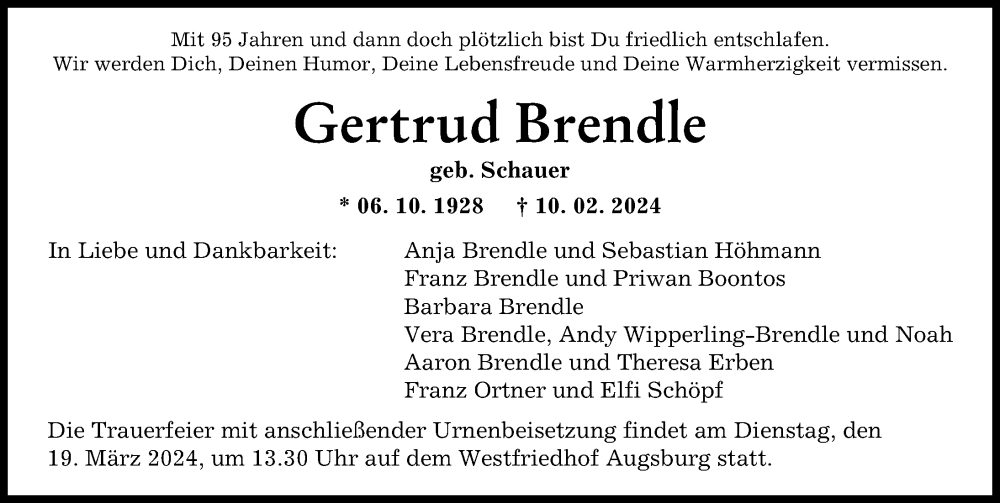 Traueranzeige von Gertrud Brendle von Augsburger Allgemeine