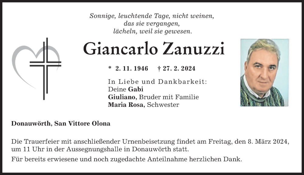 Traueranzeige von Giancarlo Zanuzzi von Donauwörther Zeitung