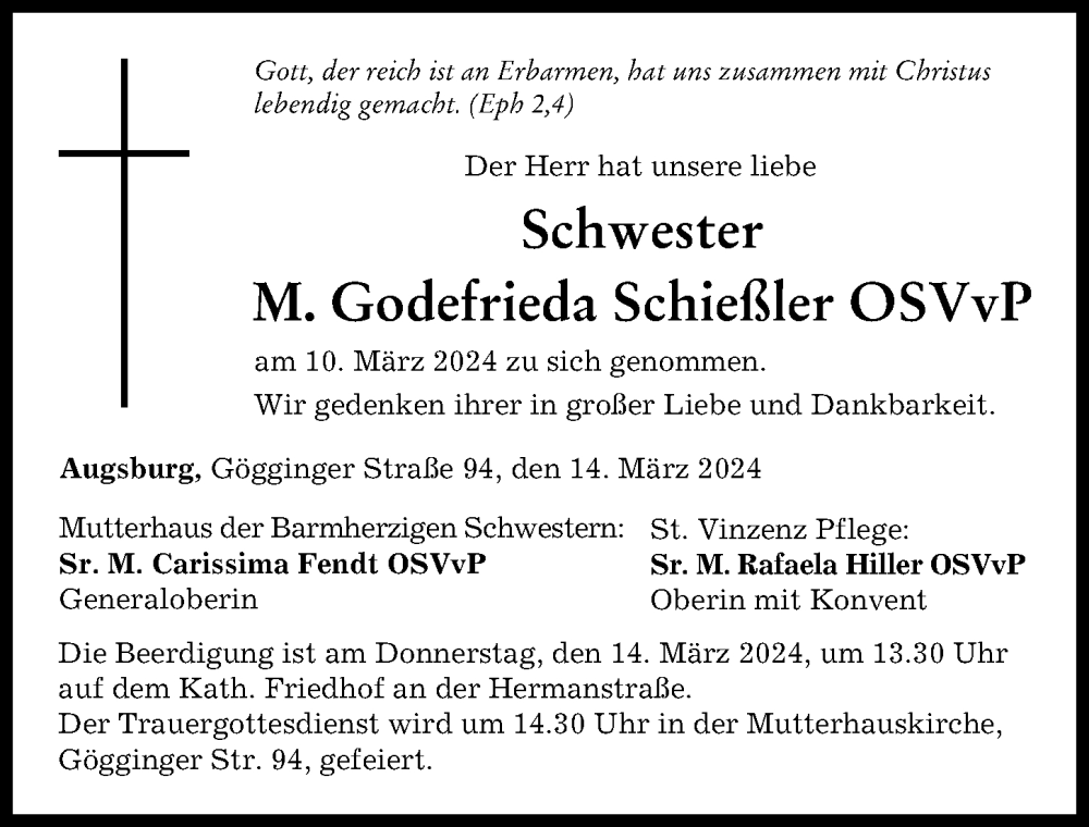 Traueranzeige von Godefrieda Schießler von Augsburger Allgemeine