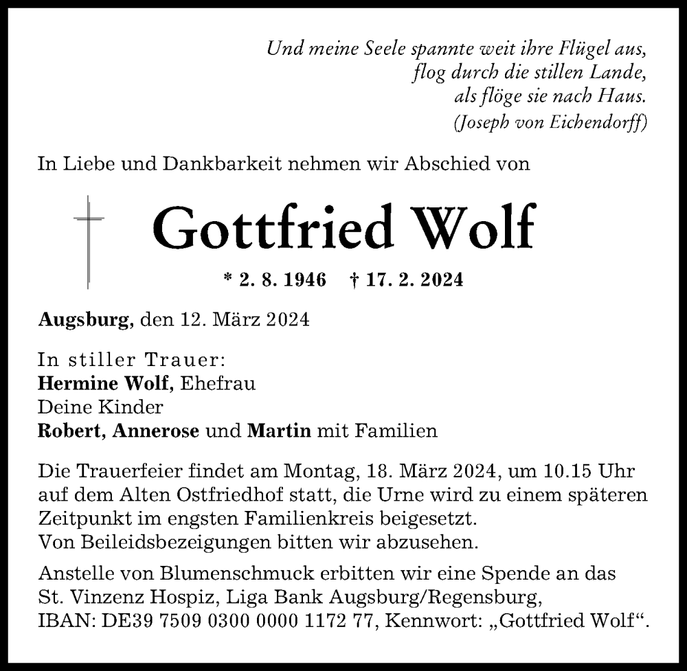 Traueranzeige von Gottfried Wolf von Augsburger Allgemeine