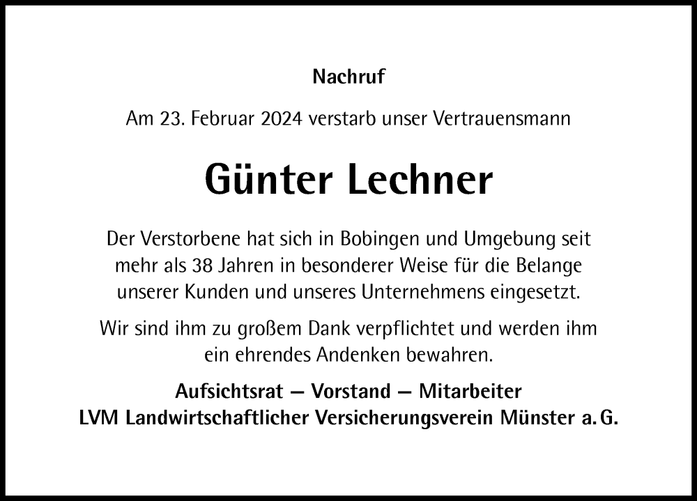  Traueranzeige für Günter Lechner vom 02.03.2024 aus Augsburger Allgemeine