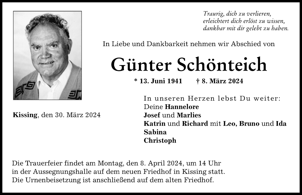 Traueranzeige von Günter Schönteich von Friedberger Allgemeine