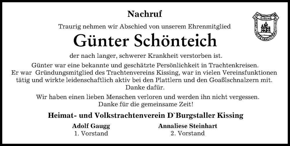 Traueranzeige von Günter Schönteich von Friedberger Allgemeine