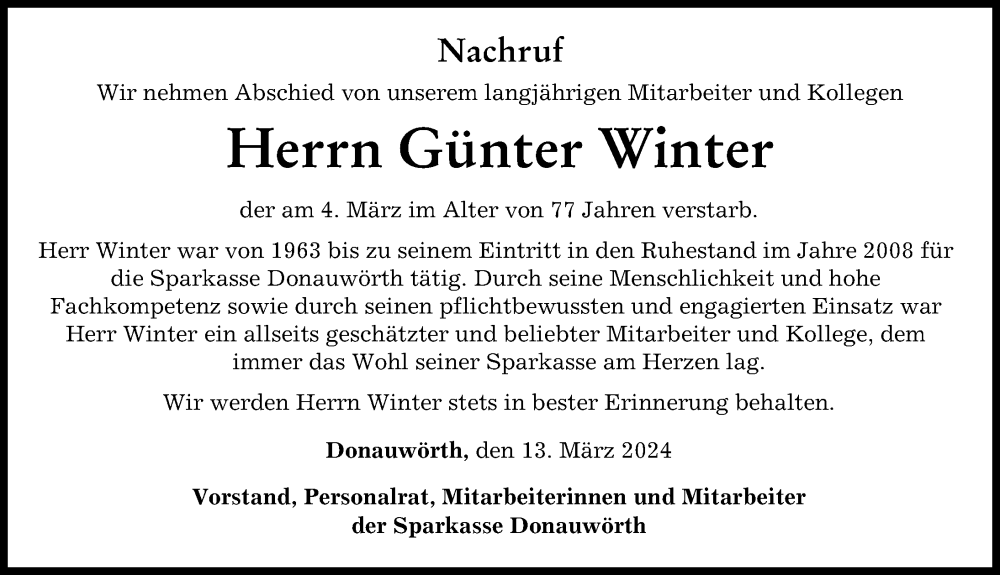 Traueranzeige von Günter Winter von Donauwörther Zeitung