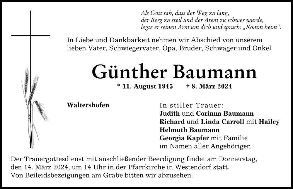 Traueranzeige von Günther Baumann von Augsburg-Land