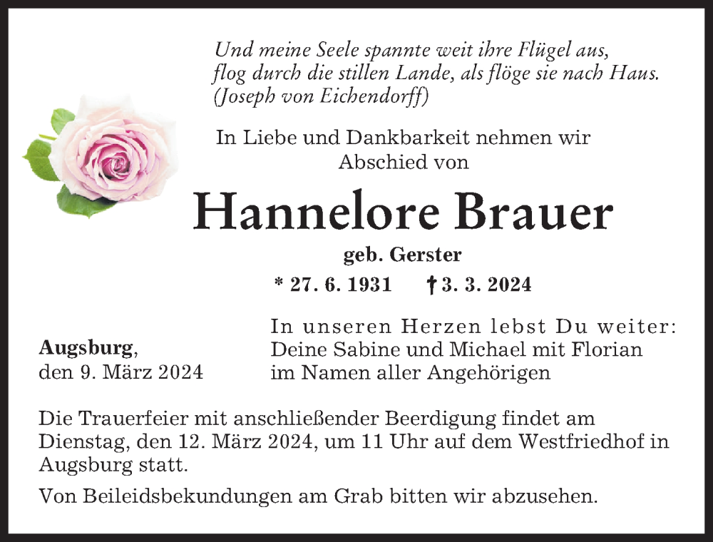 Traueranzeige von Hannelore Brauer von Augsburger Allgemeine