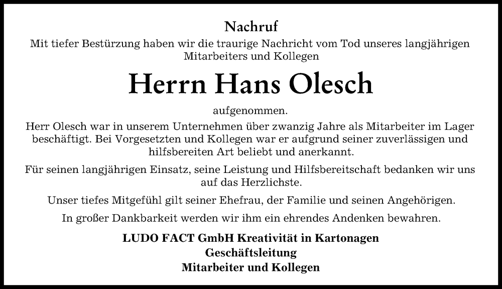 Traueranzeige von Hans Olesch von Günzburger Zeitung