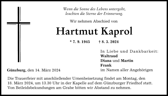 Traueranzeige von Hartmut Kaprol von Günzburger Zeitung