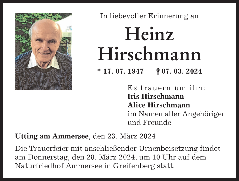 Traueranzeige von Heinz Hirschmann von Landsberger Tagblatt