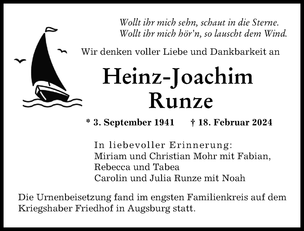 Traueranzeige von Heinz-Joachim Runze von Augsburger Allgemeine