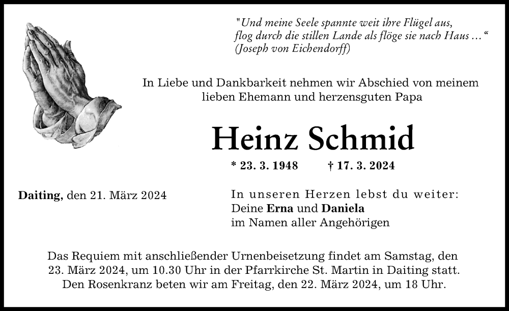 Traueranzeige von Heinz Schmid von Donauwörther Zeitung
