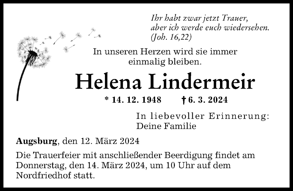 Traueranzeige von Helena Lindermeir von Augsburger Allgemeine