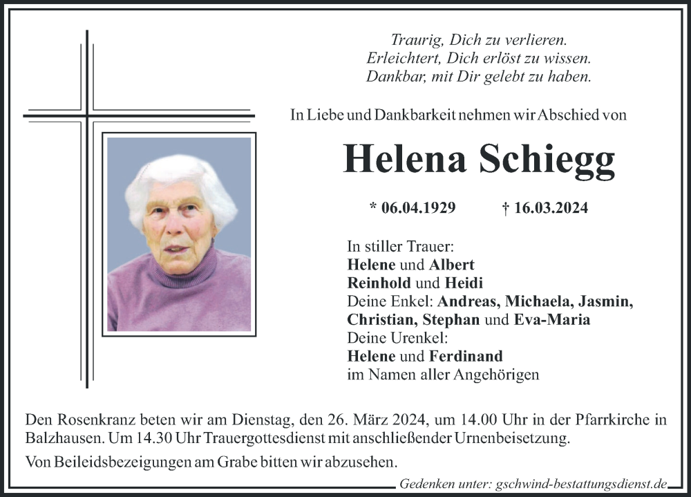 Traueranzeige von Helena Schiegg von Mittelschwäbische Nachrichten