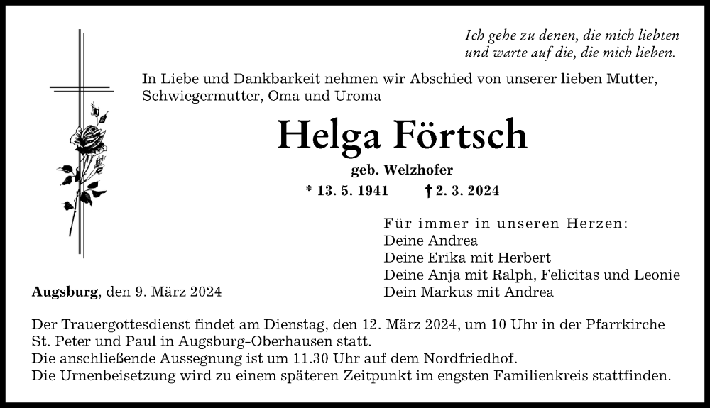 Traueranzeige von Helga Förtsch von Augsburger Allgemeine