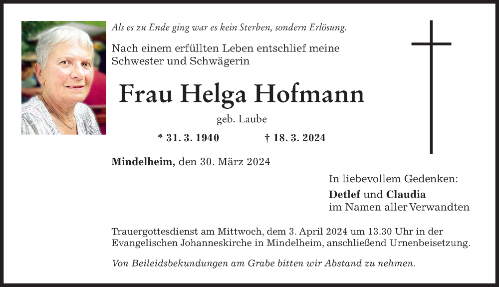 Traueranzeige von Helga Hofmann von Mindelheimer Zeitung