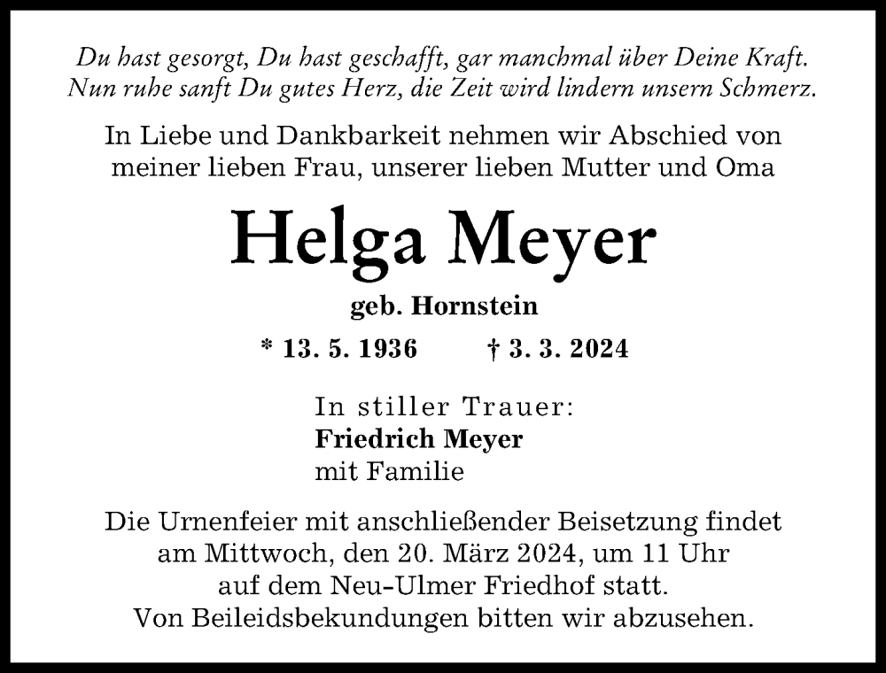 Traueranzeige von Helga Meyer von Neu-Ulmer Zeitung