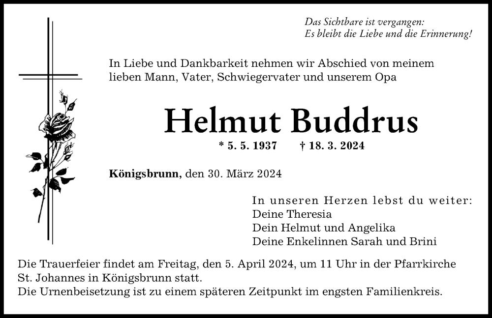 Traueranzeige von Helmut Buddrus von Augsburger Allgemeine