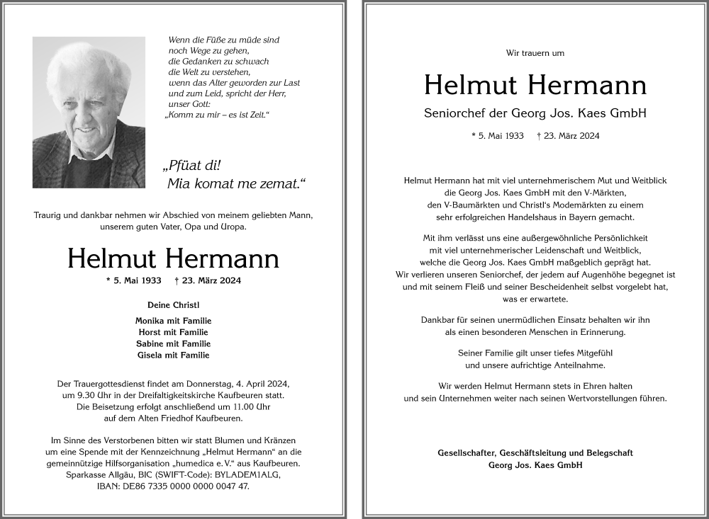  Traueranzeige für Helmut Hermann vom 30.03.2024 aus Augsburger Allgemeine