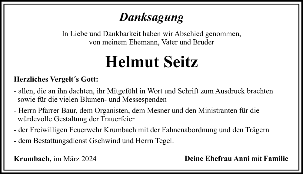 Traueranzeige von Helmut Seitz von Mittelschwäbische Nachrichten