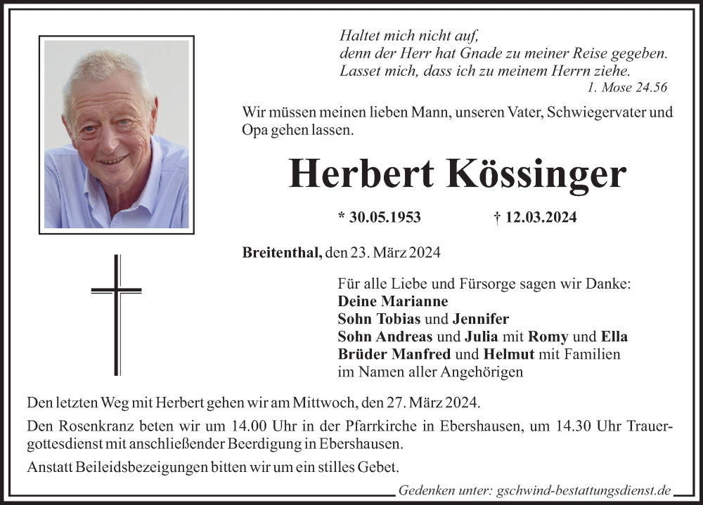 Traueranzeige von Herbert Kössinger von Mittelschwäbische Nachrichten