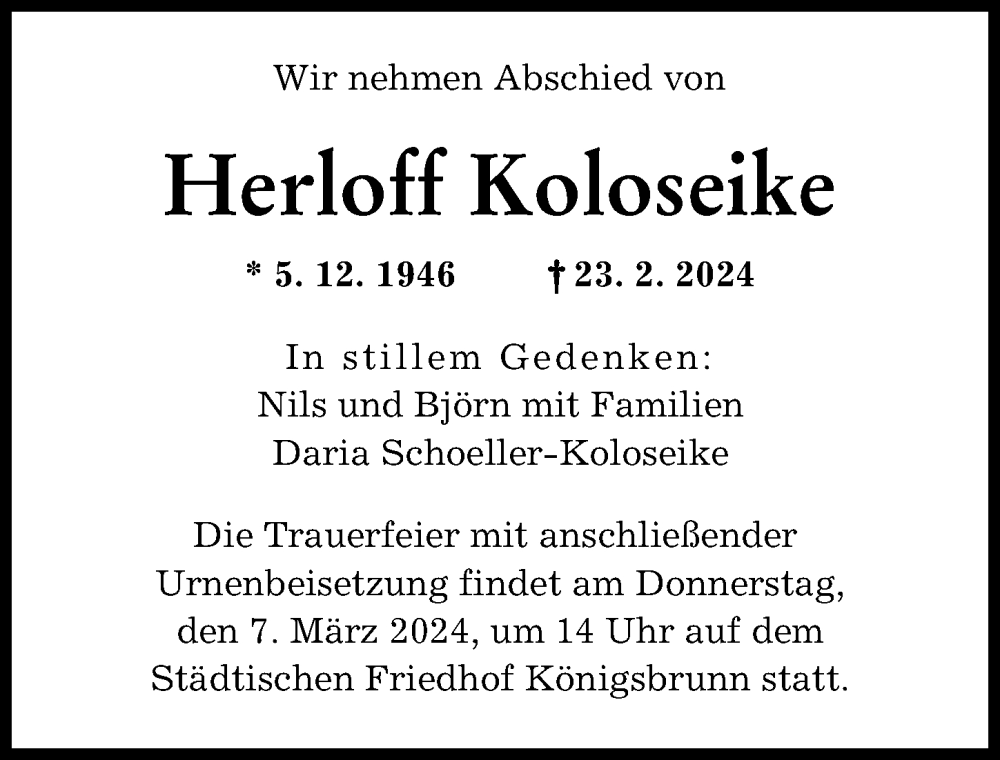 Traueranzeige von Herloff Koloseike von Augsburger Allgemeine