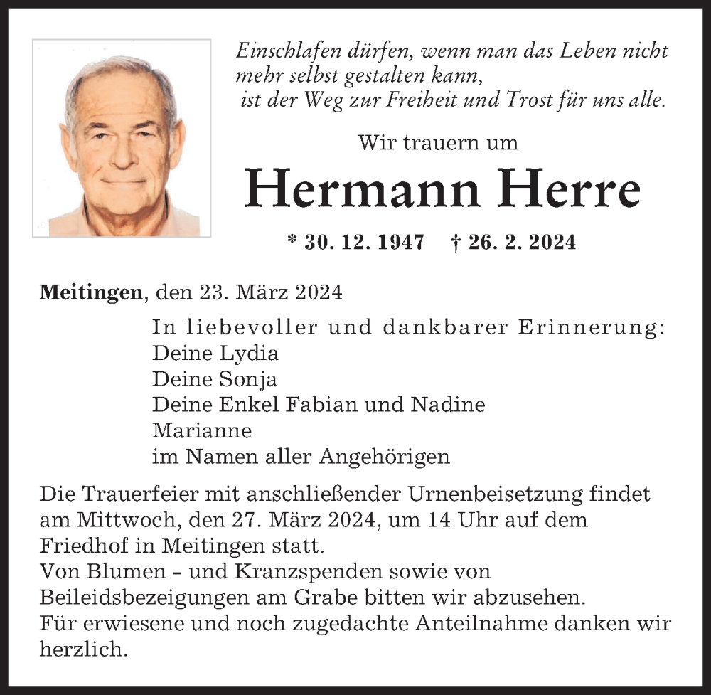 Traueranzeige von Hermann Herre von Augsburger Allgemeine