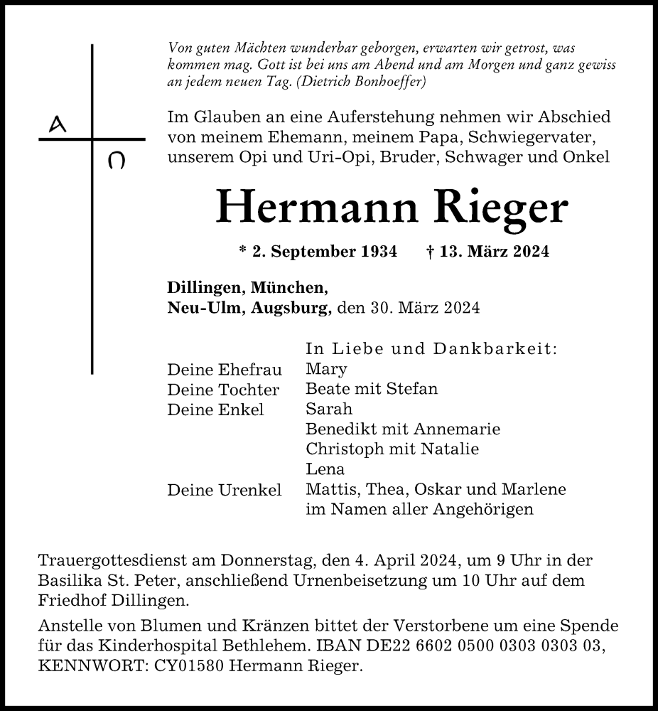 Traueranzeige von Hermann Rieger von Donau Zeitung